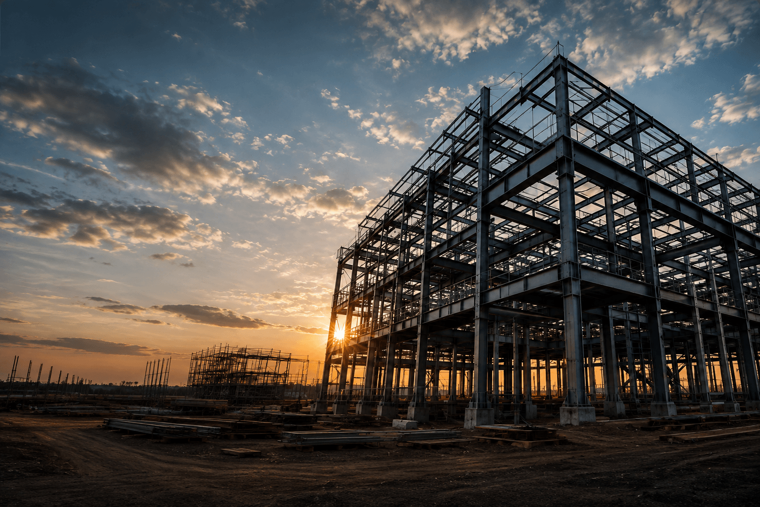 Steel structure under construction at sunset